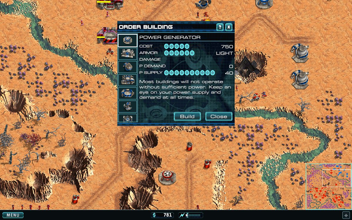 The ORDER BUILDING panel open over the battlefield, showing a Power Generator's stats.