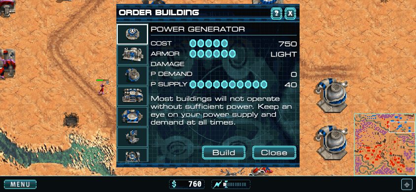 The build panel open on a phone held in landscape, over the battlefield.